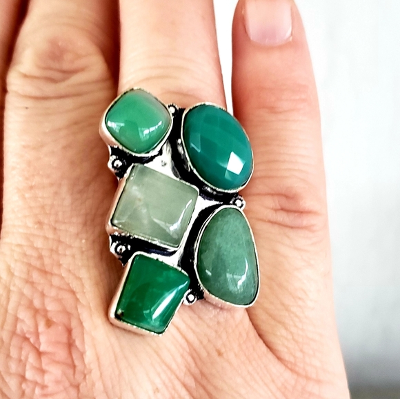 New Huge Chrysoprase & Agate 925 Silver Statement Ring. - Picture 5 of 8